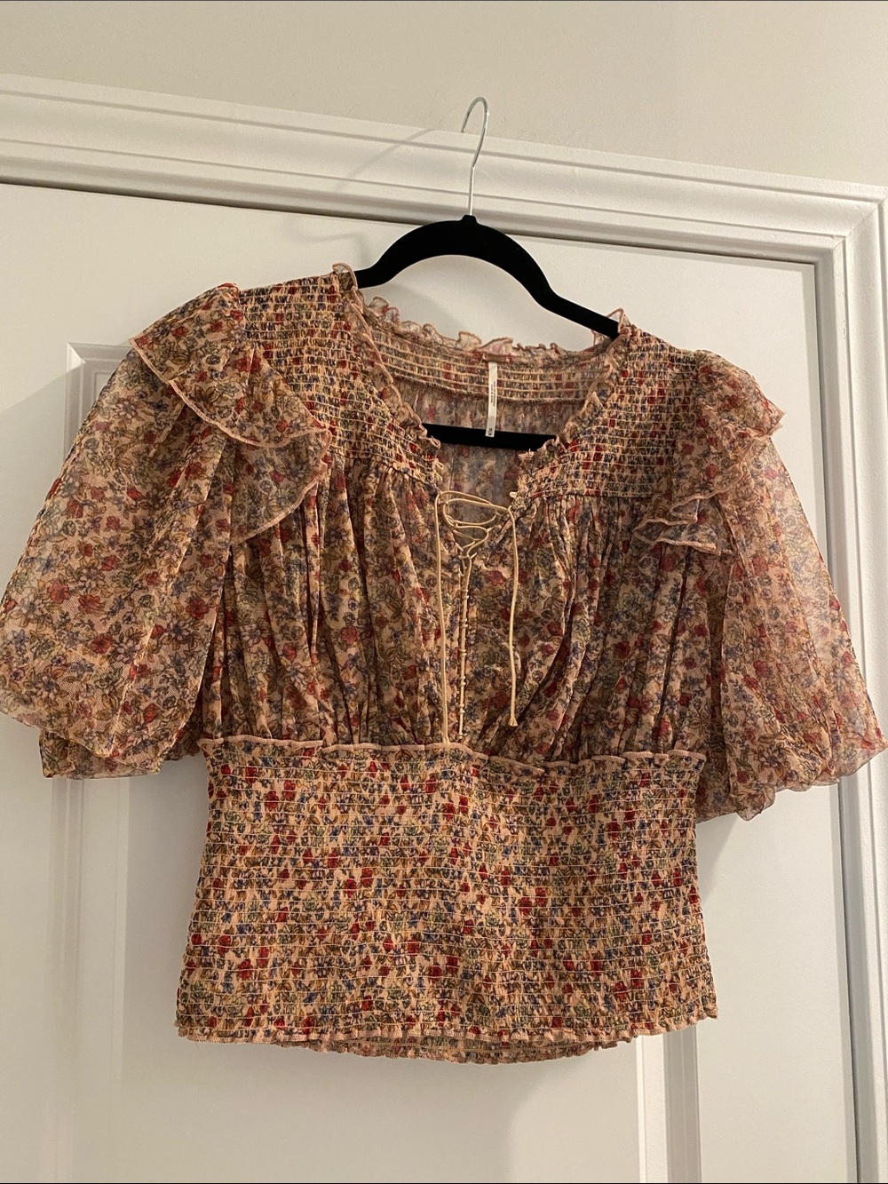 Free People Beige Floral Smocked Peasant Blouse